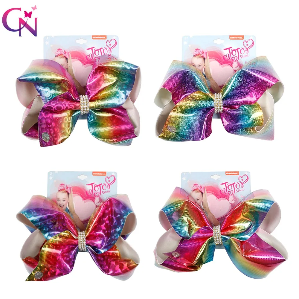 

CN 8" Jojo bows For Girls/Jojo Siwa Rainbow Hair Bows for Girls Leather Rhinestone Jumbo Bowknot Hair Clips Hair Accessories