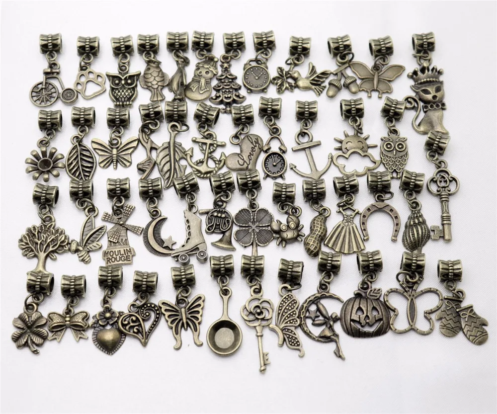 

Mix Pendant 50pcs Ancient bronze Charm Big Hole Loose Beads fit Pandora Charms Bracelets & Necklace DIY Jewelry Making