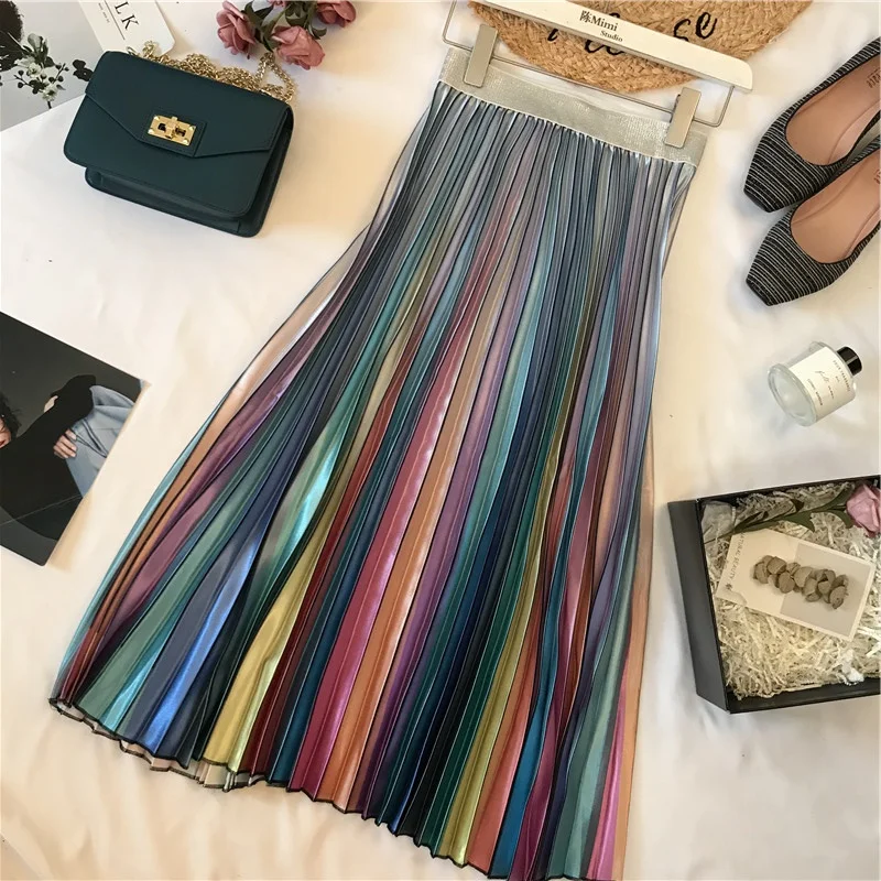 2019 New Fashion Spring Women's Retro Rainbow Color Gradient Satin Pleated Skirt Ladies High Waist Long Pleated Skirts
2019 New Fashion Spring Women's Retro Rainbow Color Gradient Satin Pleated Skirt Ladies High Waist Long Pleated Skirts