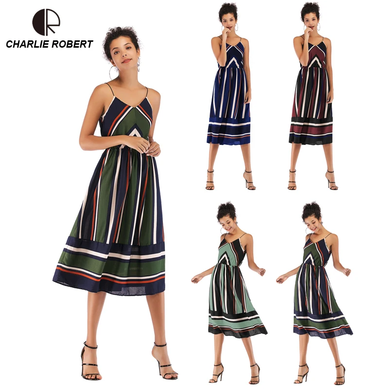 2019 Fashion New Women Lady Striped Halter Suspender Dress Knee-Length Sleeveless Dress Summer Style Casual Big Swing Dress
2019 Fashion New Women Lady Striped Halter Suspender Dress Knee-Length Sleeveless Dress Summer Style Casual Big Swing Dress