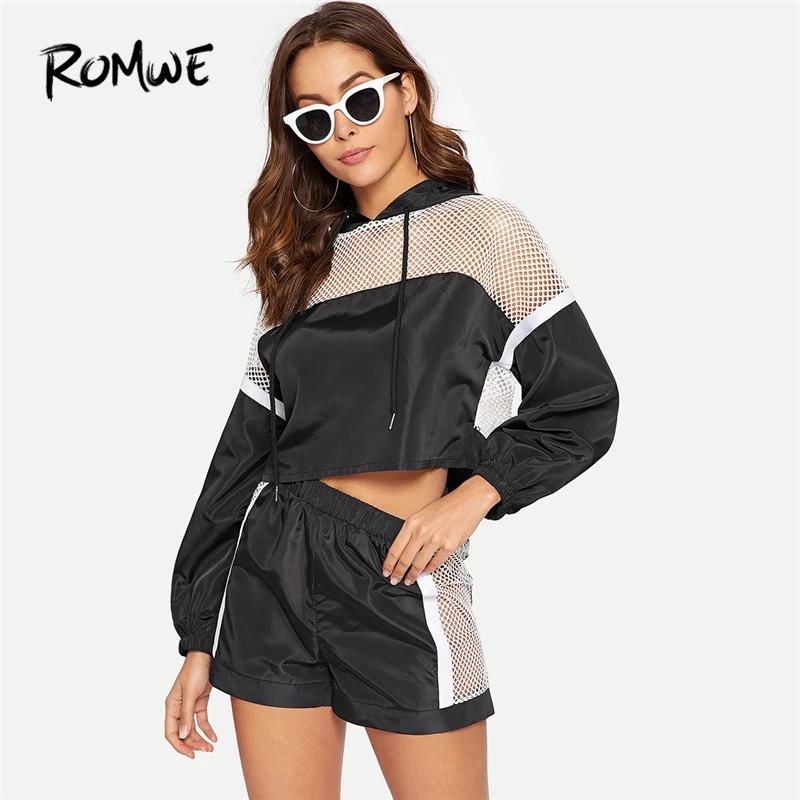 

ROMWE Fishnet Insert Drawstring Hoodie And Shorts Set Women Black White Summer 2 Piece Set Bishop Sleeve Jackets And Shorts Sets