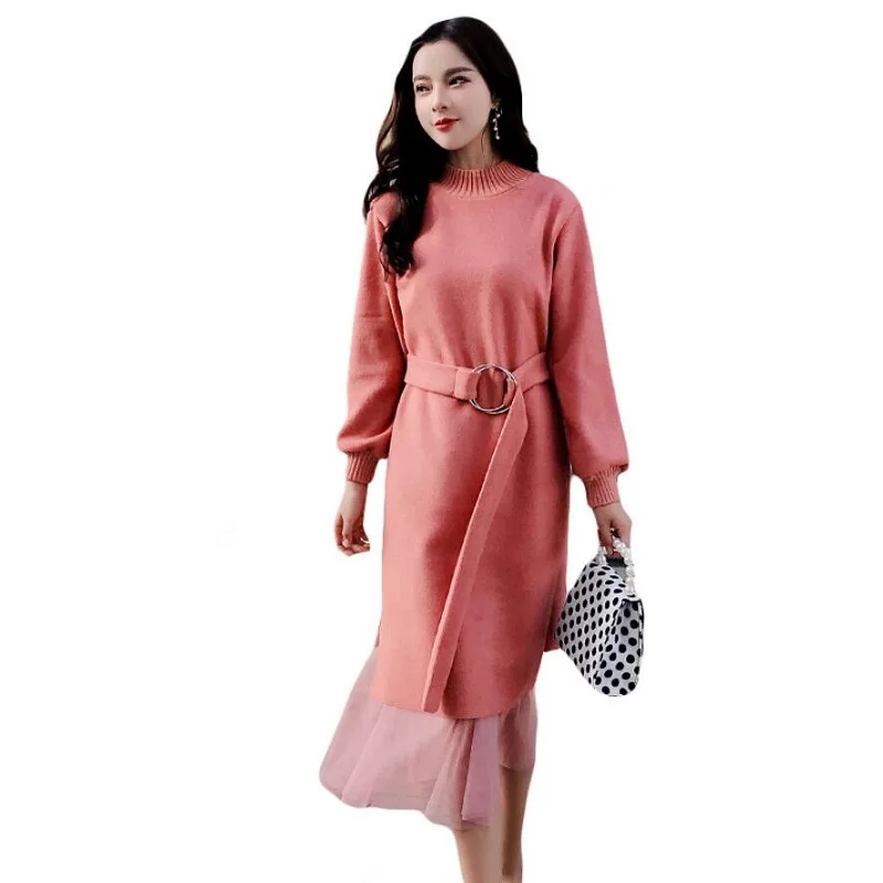 Mesh stitching sweater woman winter 2019 new long section with two sets of sweater long skirt over the knee loose knit dress
Mesh stitching sweater woman winter 2019 new long section with two sets of sweater long skirt over the knee loose knit dress