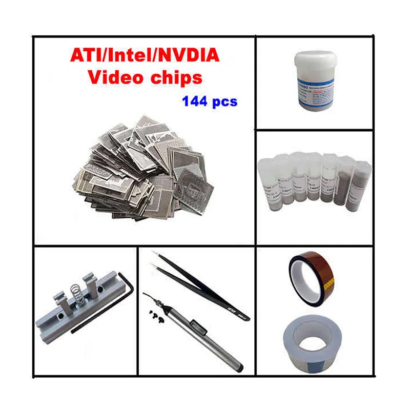 Direct Heat INTEL/ NVIDIA/ ATI GPU Stencils 144pcs + direct heat reballing station+ BGA balls + solder flux
Direct Heat INTEL/ NVIDIA/ ATI GPU Stencils 144pcs + direct heat reballing station+ BGA balls + solder flux