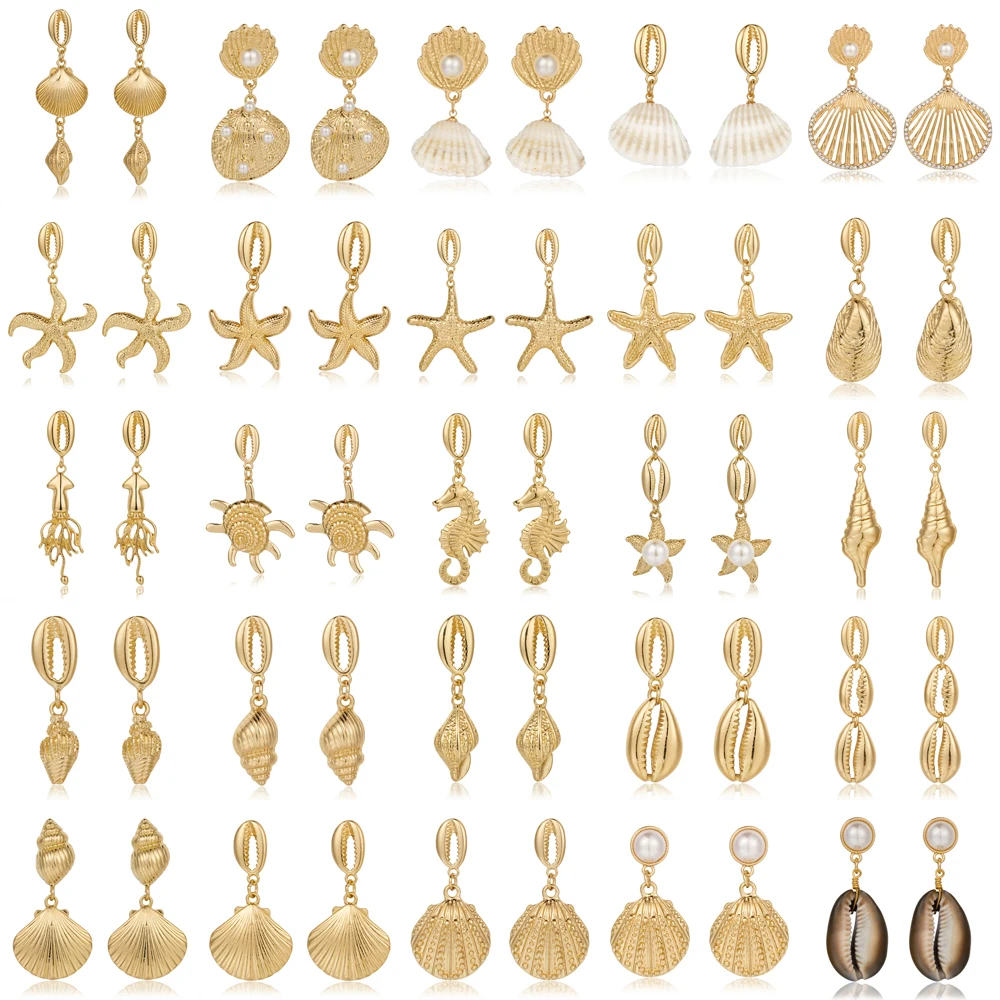 Summer Beach Seashell Earrings Good Quality Gold Color Alloy Simulated Pearls Starfish Shell Drop Earring Women Jewelry
Summer Beach Seashell Earrings Good Quality Gold Color Alloy Simulated Pearls Starfish Shell Drop Earring Women Jewelry
