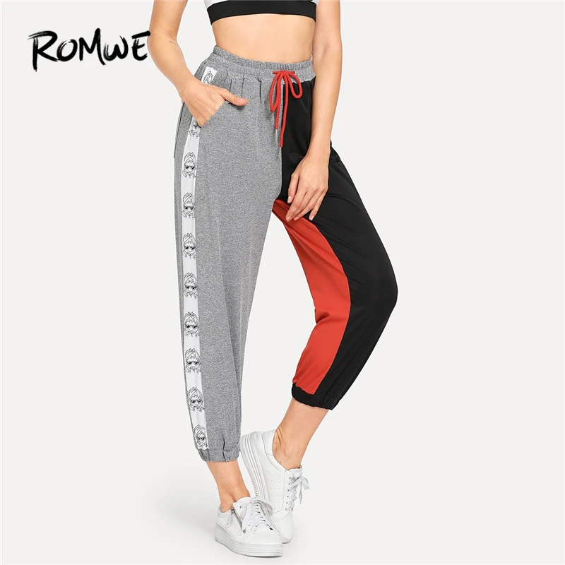 ROMWE Drawstring Waist Cartoon Print Side Colorblock Pants 2019 Autumn Women Fashion Sporty Bottoms Casual Clothes Crop Trousers 
ROMWE Drawstring Waist Cartoon Print Side Colorblock Pants 2019 Autumn Women Fashion Sporty Bottoms Casual Clothes Crop Trousers
