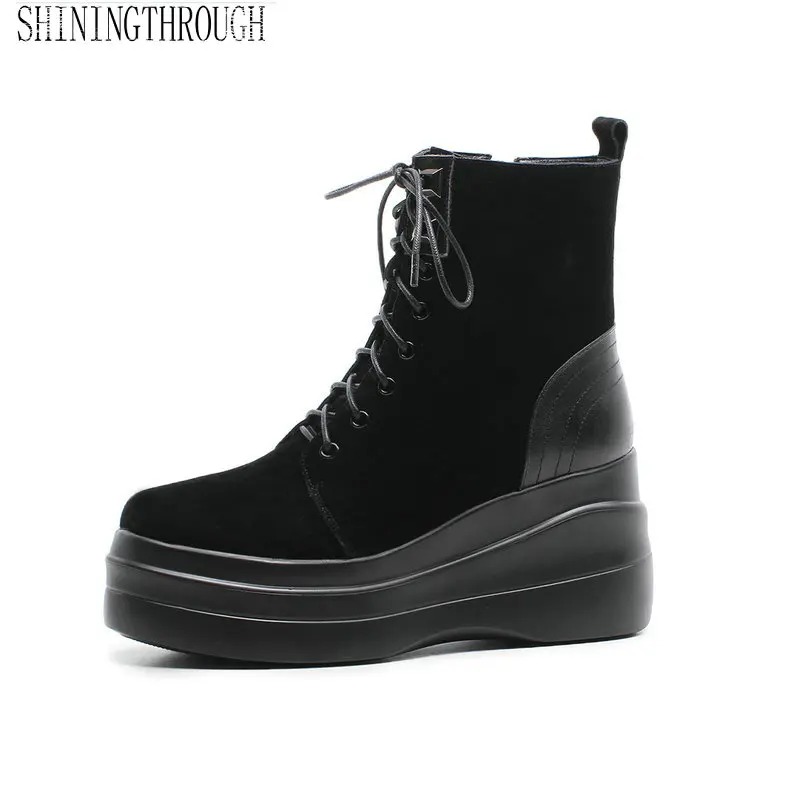 Genuine Leather Ankle Cross-tied Women Boots Fashion Wedges High Heel Women Shoes Spring Autumn Party Ladies Shoes