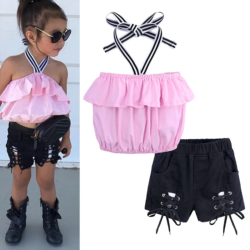 Girls Clothing Sets Sexy Pink Hanging Neck Tops+ Short Black Pants 2pcs Clothes Set Girls Shirt Shorts Costume Crianca Roupas 
Girls Clothing Sets Sexy Pink Hanging Neck Tops+ Short Black Pants 2pcs Clothes Set Girls Shirt Shorts Costume Crianca Roupas