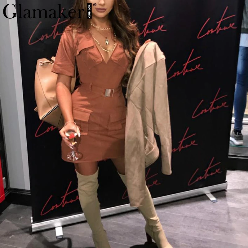 Glamaker Sexy ladies v neck pockets mini dress office Female elegant short sleeve spring short dress Summer ladies belt dress
Glamaker Sexy ladies v neck pockets mini dress office Female elegant short sleeve spring short dress Summer ladies belt dress