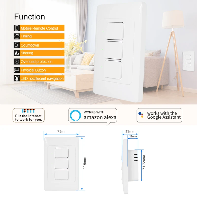 TOBAGO Triple Gang 1 Way Wireless Light Switch 220V,USA AU Standard,SmartLife Tuya Mobile App control,Voice by Alexa,Google Home
TOBAGO Triple Gang 1 Way Wireless Light Switch 220V,USA AU Standard,SmartLife Tuya Mobile App control,Voice by Alexa,Google Home