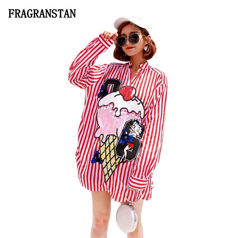 Women Spring Summer New Fashion Turn Down Collar Shirt Dress Female High Quality Loose Cartoon Prined Striped Sequins Dress Q537
Women Spring Summer New Fashion Turn Down Collar Shirt Dress Female High Quality Loose Cartoon Prined Striped Sequins Dress Q537