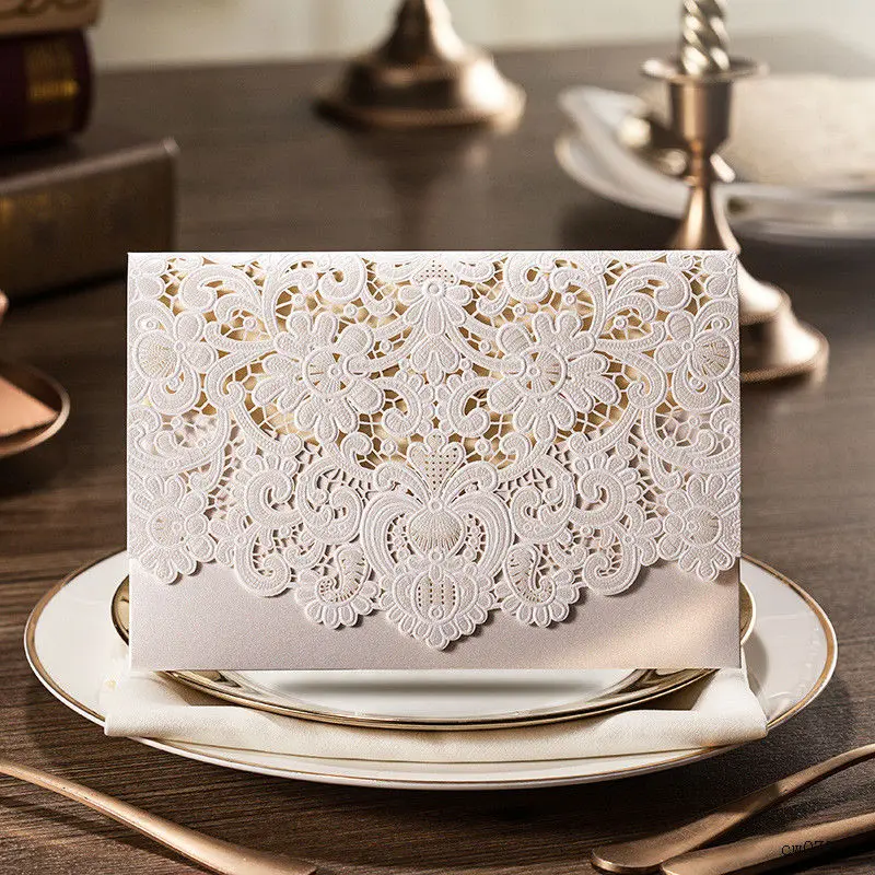 Image 1pcs set White Laser Cut Luxury Wedding Invitations Samples Lace Floral Flower Business Invited Cards Printable Customized JJ628