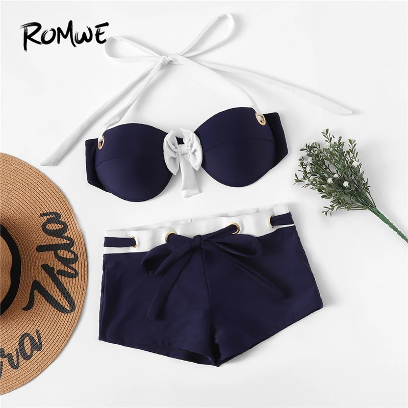 Romwe Sport Navy Two-Pieces Swimsuits Bowknot Push Up Halter Bikinis Top With Drawstring Swim Shorts 2019 Women Two-Pieces Suits
Romwe Sport Navy Two-Pieces Swimsuits Bowknot Push Up Halter Bikinis Top With Drawstring Swim Shorts 2019 Women Two-Pieces Suits