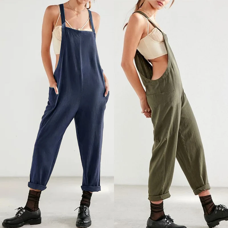 

2019 ZANZEA Cotton Bib Overalls Women Linen Jumpsuits Dungarees Vintage Backless Casual Solid Rompers Lady Harem Pants Pantalon