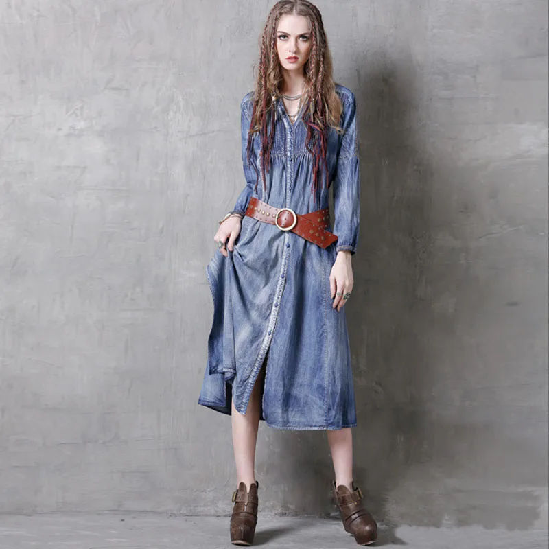 Spring Autumn Casual Women V Neck Long Sleeve Embroidery Pleated Cardigan Denim Dress , 2019 Woman Loose Bleached Jeans Dresses
Spring Autumn Casual Women V Neck Long Sleeve Embroidery Pleated Cardigan Denim Dress , 2019 Woman Loose Bleached Jeans Dresses