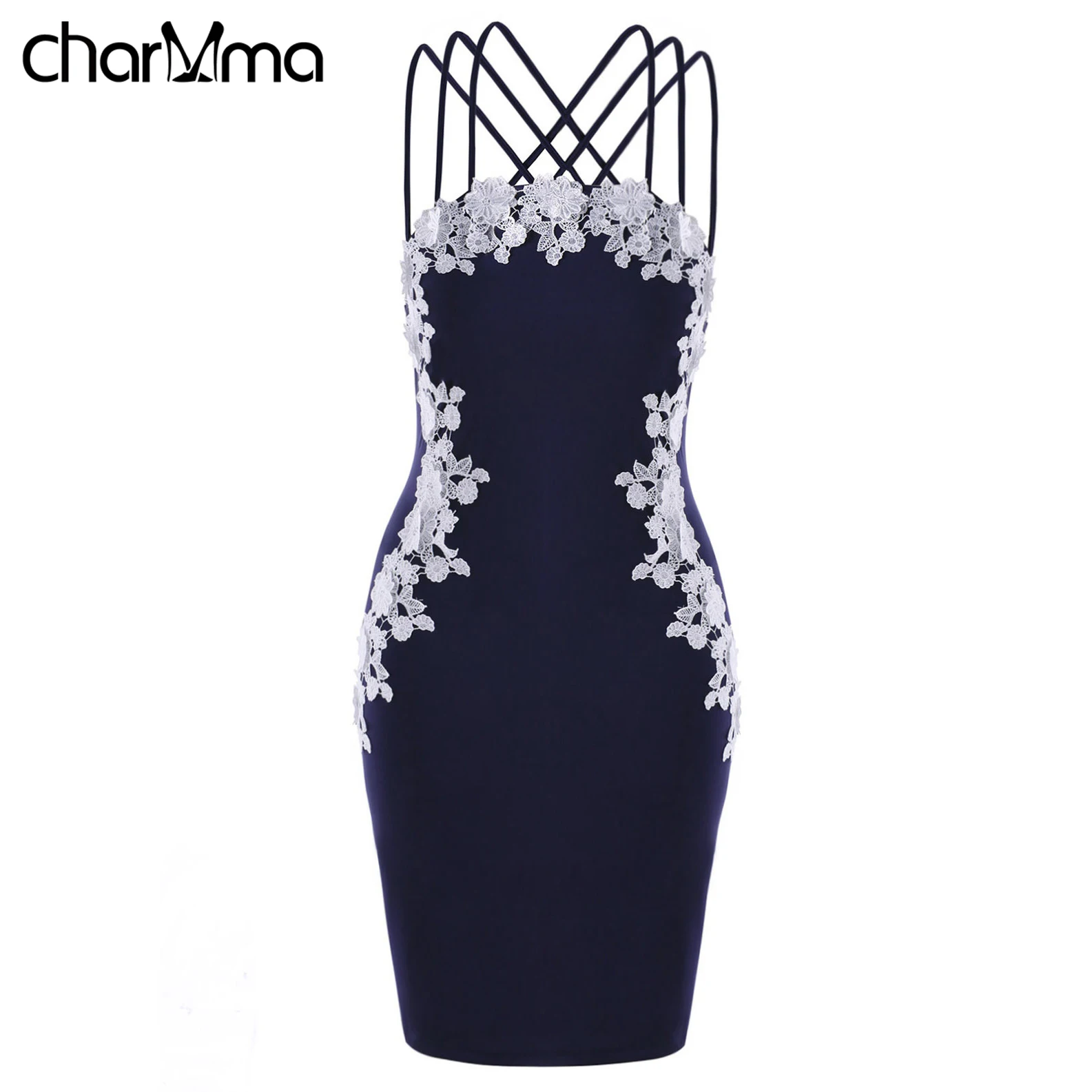 

2018 Summer Women Sexy Spaghetti Strap Sleeveless Plus Size Floral Applique Strappy Dress Fashion Club Bodycon Dress XL-5XL