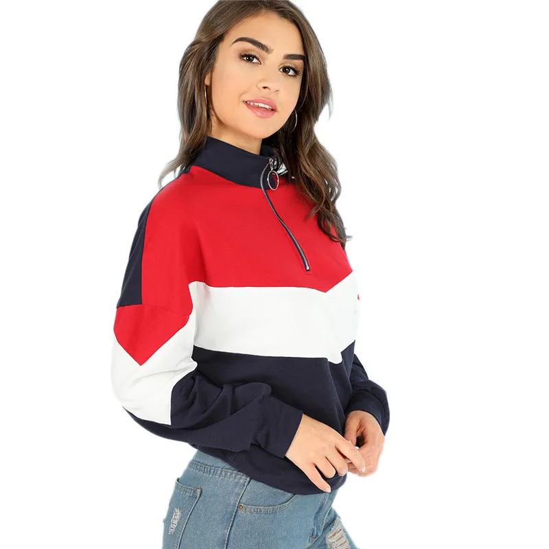 

Multicolor Minimalist O-Ring Zip Front Cut And Sew Stand Neck Raglan Sleeve Sweatshirt Autumn Women Casual Pullovers