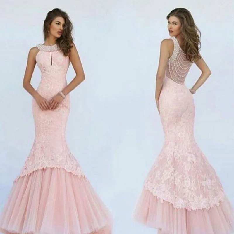 2016 Pink Mermaid Long Evening Dresses Luxury Pearls Neck Sheer back Vestido De Festa Lace Ruched Robe De Soiree
2016 Pink Mermaid Long Evening Dresses Luxury Pearls Neck Sheer back Vestido De Festa Lace Ruched Robe De Soiree