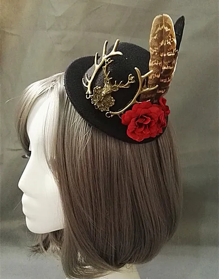 

Handmade Victorian Steampunk Mini Top Hat Deer Head Flower Feather Accessory Vintage