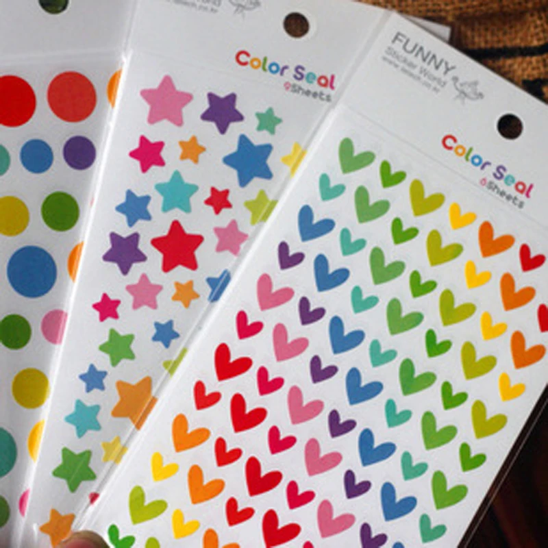 Korea Funny Rainbow Dot Love Stars Diary Album Decoration Color Stickers 6 sheets
Korea Funny Rainbow Dot Love Stars Diary Album Decoration Color Stickers 6 sheets