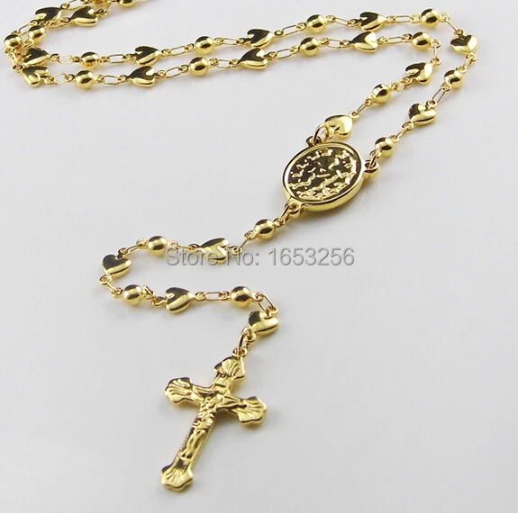 

4mm Gold Sweet Heart Link Chain Stainless Steel Jesus Crucifix Cross Rosary Necklace Pendant Fashion Women Jewelry