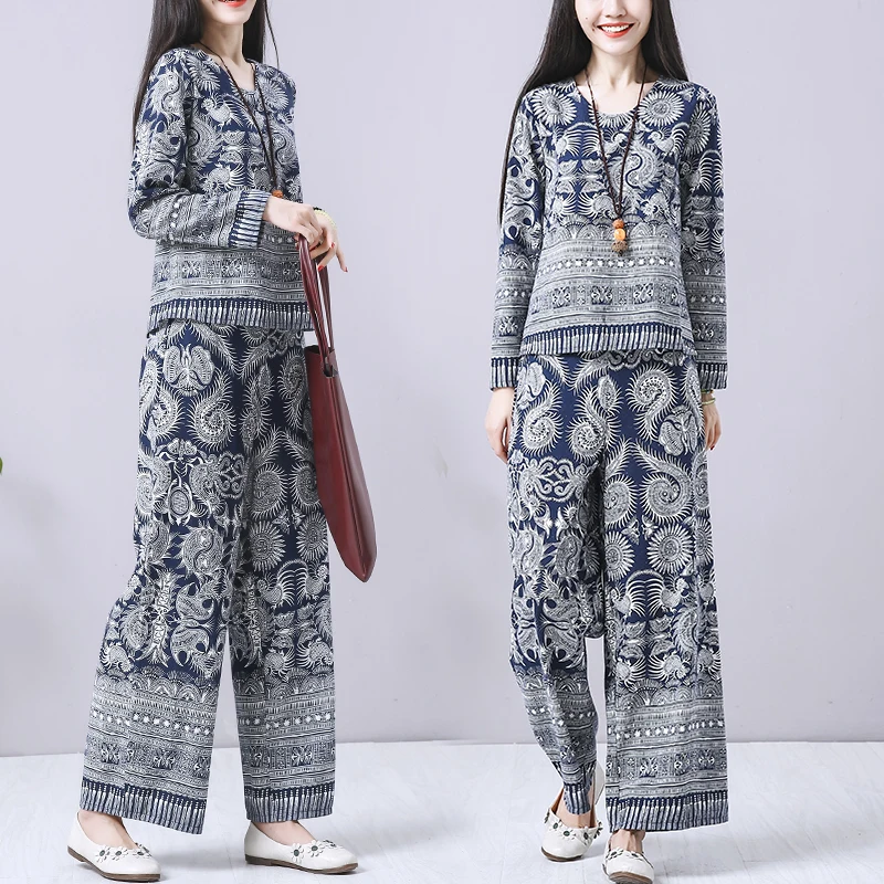 National style Pants suits sets Chinese style women's sets women's Cotton and linen prin Tops+loose Wide leg pants two-piece
National style Pants suits sets Chinese style women's sets women's Cotton and linen prin Tops+loose Wide leg pants two-piece