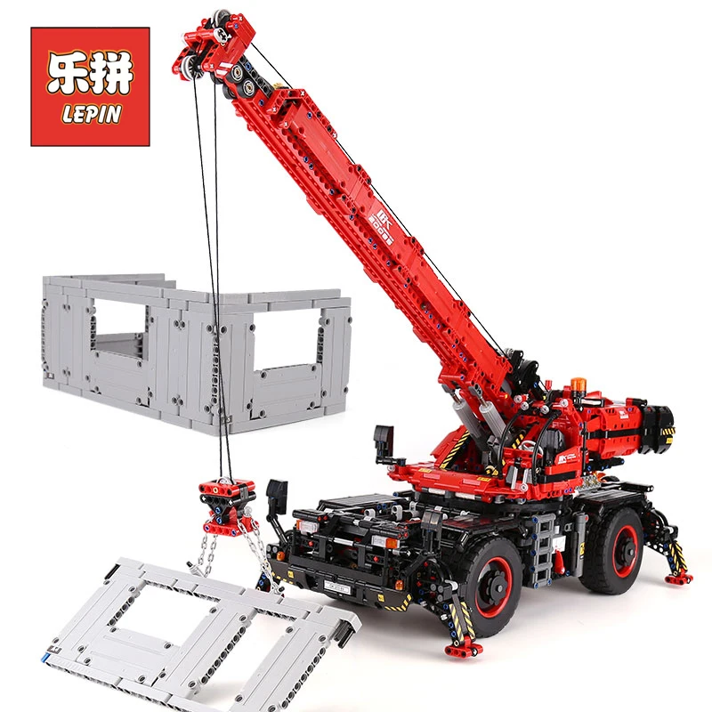 Lepin 20085 Technic Series the Red Rough Terrain Crane Set 42082 Enlighten Model Building Blocks Kits Legoinglys Christmas Gift