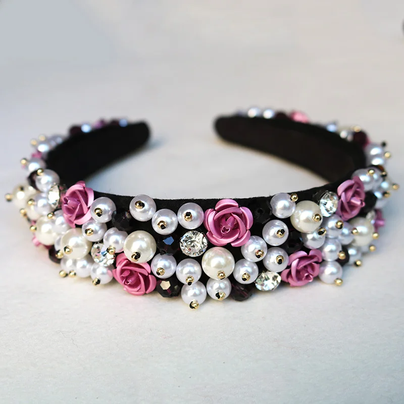 

Lovely Luxury Baroque Rose Flower Crown Tiaras Handwork Crystal Beads Hairbands Pearl Wedding Jewelry Bridal Hair Accessories