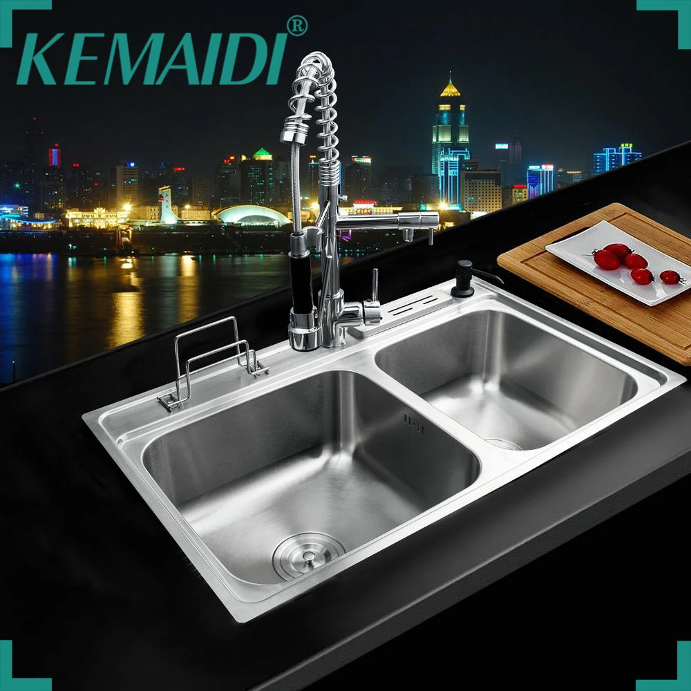 

KEMAIDI Kitchen Stainless Steel Sink Vessel Kitchen Washing Vegetable Double Bowl SS-128525/111 With Swivel Vanity Faucet