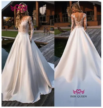 Long Sleeves Satin Wedding Dress New Illusion Back Lace Vintage Wedding Dresses A line Arabic Bridal Gowns China W0580
Long Sleeves Satin Wedding Dress New Illusion Back Lace Vintage Wedding Dresses A line Arabic Bridal Gowns China W0580