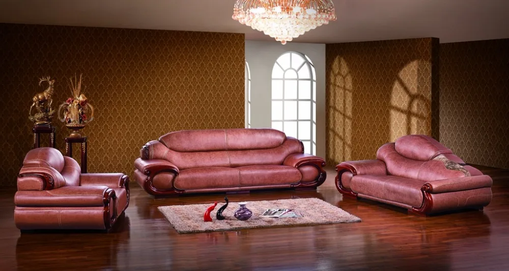 Image antique European leather sofa set living room furniture made in China sectional sofa 1+4+chaise