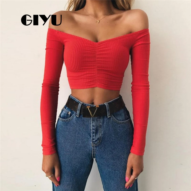 GIYU Solid Long Sleeve Slash Neck T Shirt Semmer Sexy Open Back Women Tee Ruched Crop Tops Female Cotton camiseta mujer 2019
GIYU Solid Long Sleeve Slash Neck T Shirt Semmer Sexy Open Back Women Tee Ruched Crop Tops Female Cotton camiseta mujer 2019