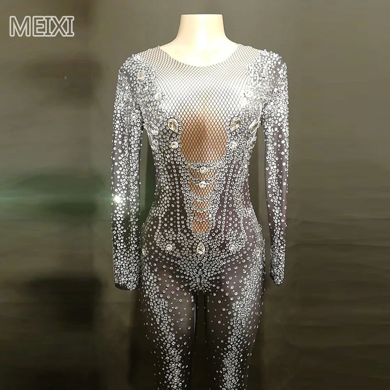 Sparkly black mesh print rhinestone jumpsuit birthday party nightclub bar concert DJ singer/dancer costume
Sparkly black mesh print rhinestone jumpsuit birthday party nightclub bar concert DJ singer/dancer costume