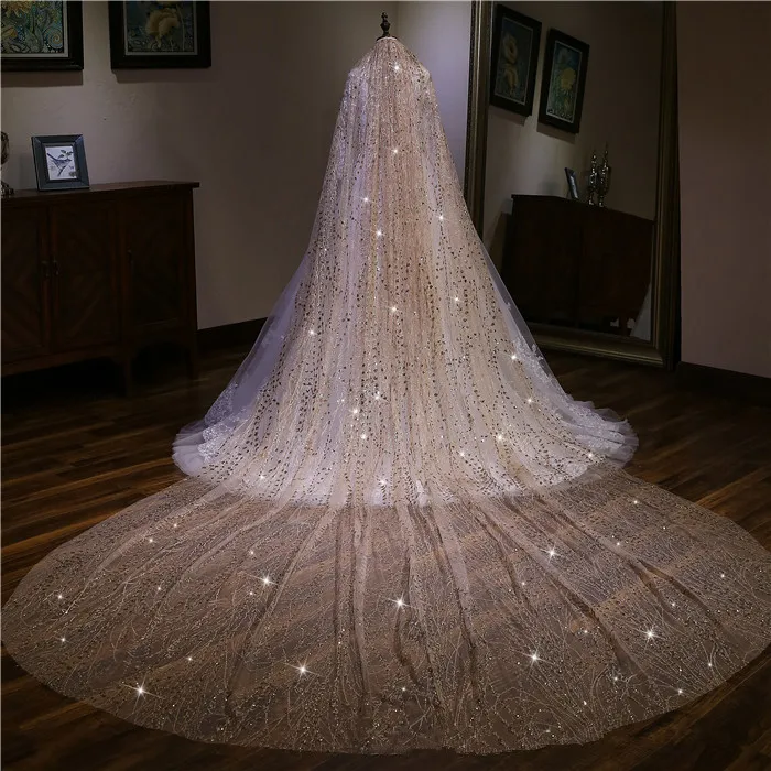 Bridal Veils Luxury Wedding long Cathedral veil for bride Gold sparkle accessories champagne color Lace edge mantilla SFR001B
Bridal Veils Luxury Wedding long Cathedral veil for bride Gold sparkle accessories champagne color Lace edge mantilla SFR001B