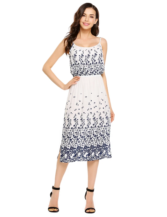 white Floral Print High Waist Midi Cami Dress