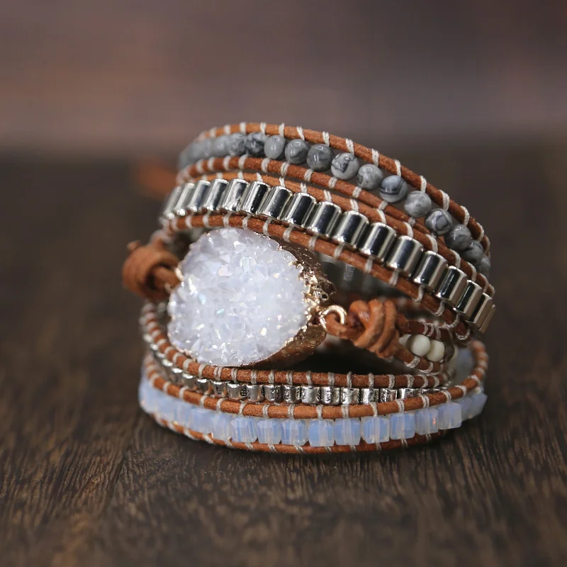 2019 Unique Mixed Natural Stones Quartz Druzy Charm 5 Strands Wrap Bracelets Handmade Druzy boho Leather Bracelet Dropshipping
2019 Unique Mixed Natural Stones Quartz Druzy Charm 5 Strands Wrap Bracelets Handmade Druzy boho Leather Bracelet Dropshipping