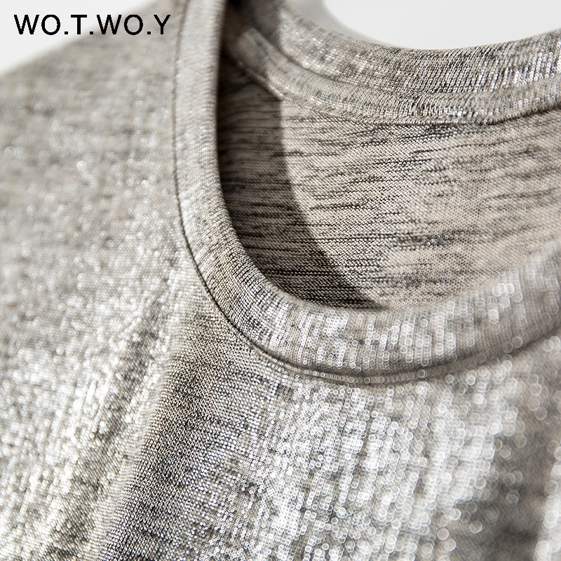 WOTWOY Silver Shiny Lurex Knitted T Shirts Women 2019 Summer Sexy Slim O-Neck Short Sleeve T shirt Woman Solid Tees Harajuku 21