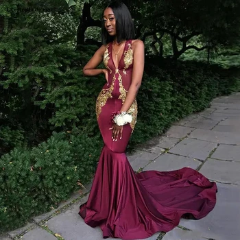 Galajurken new sexy V neck satin Gold Applique Lace African Burgundy Mermaid Prom Dresses long Girl Formal Dress Plus Size
Galajurken new sexy V neck satin Gold Applique Lace African Burgundy Mermaid Prom Dresses long Girl Formal Dress Plus Size