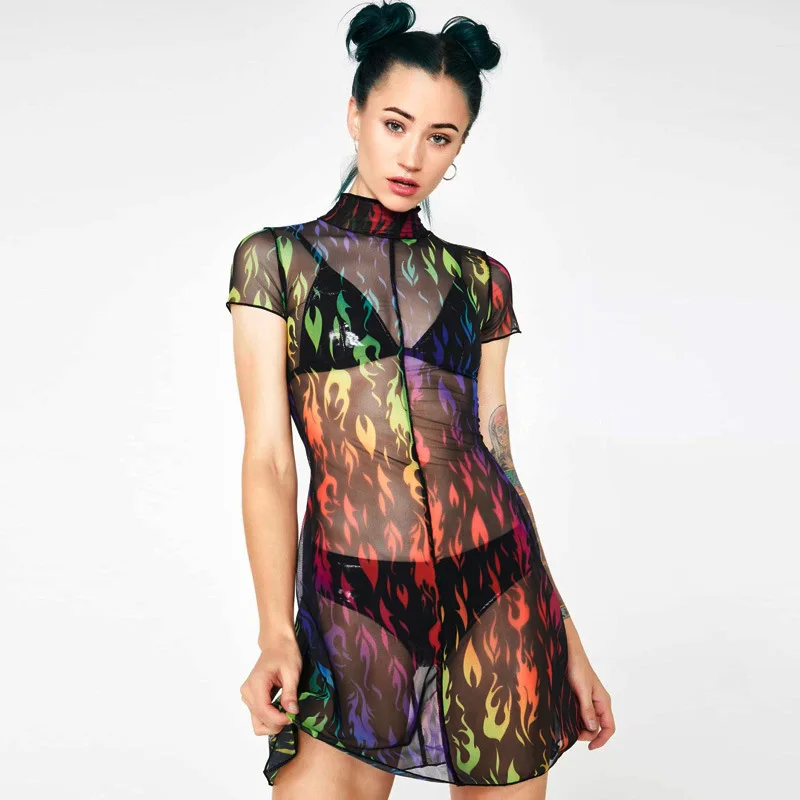 Mesh See Through Mini Dress Turtleneck Short Sleeve Fire Flame Print Ruffles Dress 2019 New Fashion Women Streetwear Vestido
Mesh See Through Mini Dress Turtleneck Short Sleeve Fire Flame Print Ruffles Dress 2019 New Fashion Women Streetwear Vestido