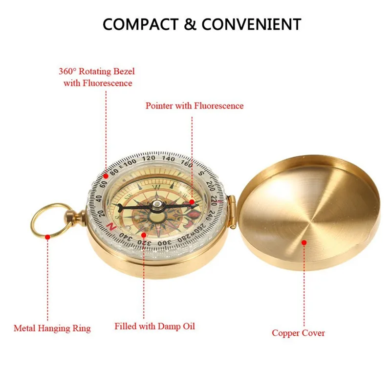 Luminous Camping Pocket Compass which is plated with Copper Glow in the Dark Survival Gear can be used for Hiking Climbing Travel Sadoun.com