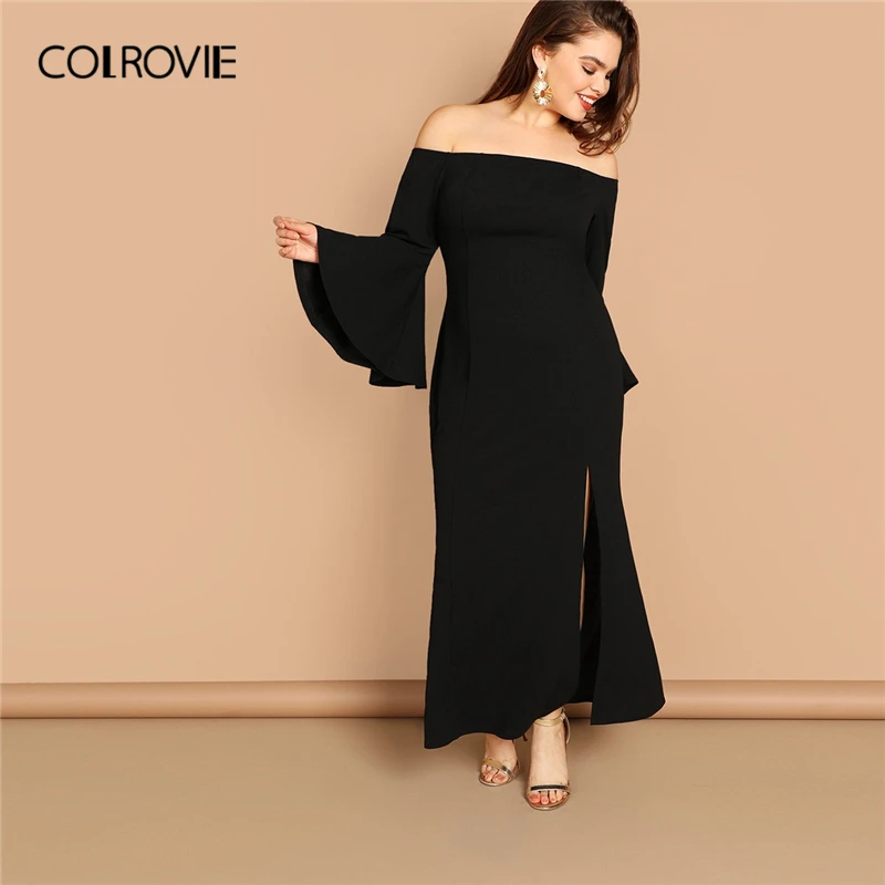 

COLROVIE Plus Size Black Slit Front Fishtail Bardot Off The Shoulder Party Dress 2019 Spring Flounce Sleeve Split Maxi Dress