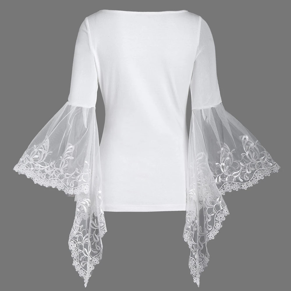 VESTLINDA Lace Flare Sleeve Sheer Panel Blusa Top Women Blouse Shirt Blusas Mujer 2017 Plus Size Women Clothing Summer Blouses 17