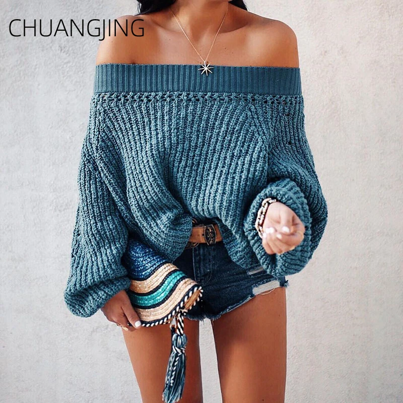 Фото Casual Knitted Sweater Women Winter Slash Neck Flare Sleeve Pullover Female Fashion Autumn Ladies Sexy Sweaters | Женская одежда