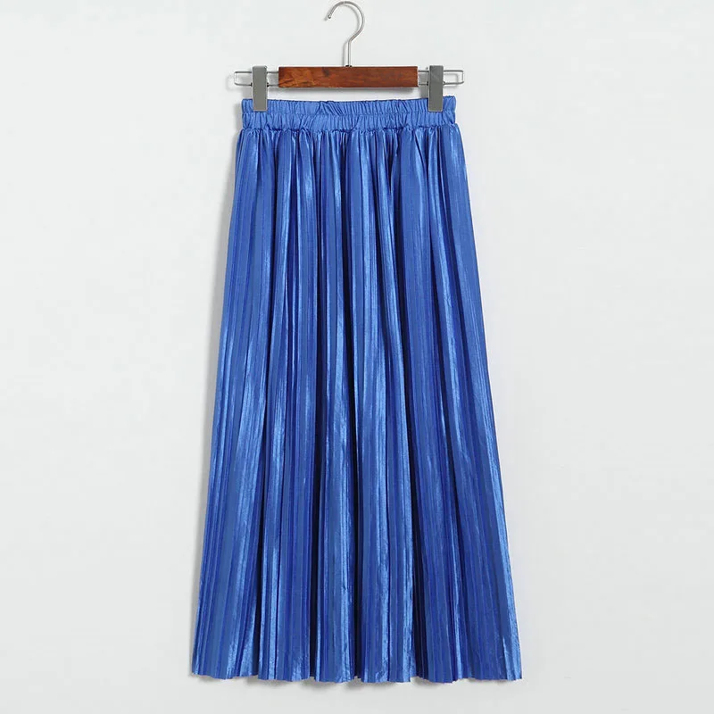 Lustrous pleated skirt metallic mid-length skirt for women of fall 2017 new Korean style joker long skirt (23)