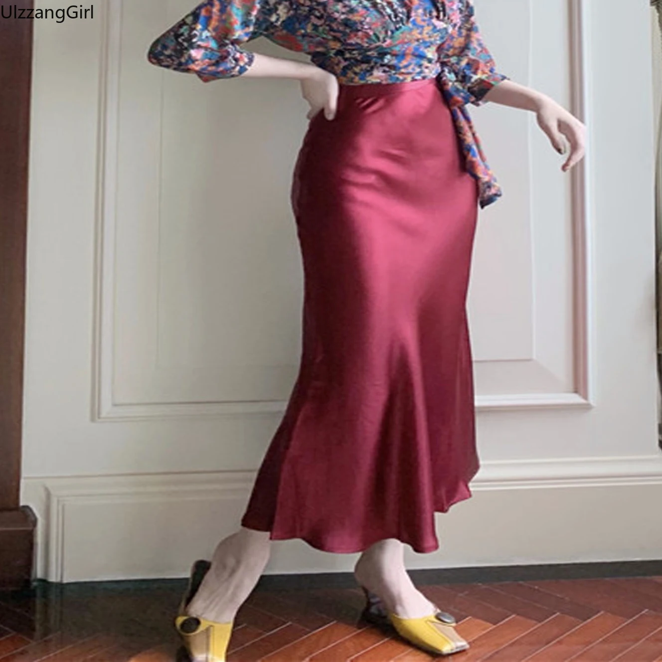 

Vintage Burgundy Solid Elegant High Waist Satin Silk Sexy Midi Long Skirt Women Korean Ladies Bodycon Boho Fashion Office Party