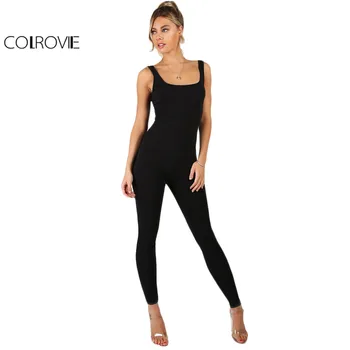 

COLROVIE Black Bodycon Jumpsuit Women Sleeveless Brief Slim Basic Tank Jumpsuits Fashion Scoop Neck Skinny Sexy Jumpsuit