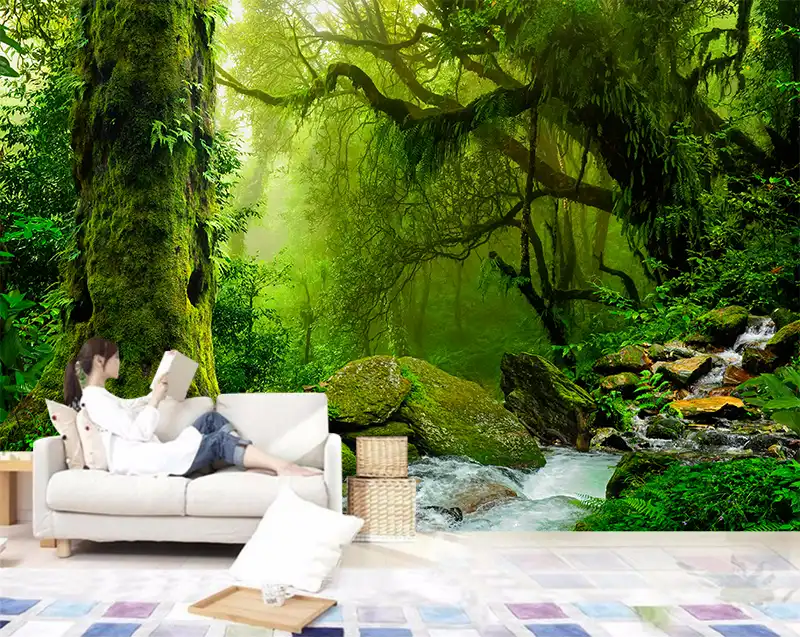 カスタム壁紙 3d 熱帯森林滝木ジャングル自然現代ビッグツリーウォールステッカーリビングルームのベッドルームの壁画 Gooum