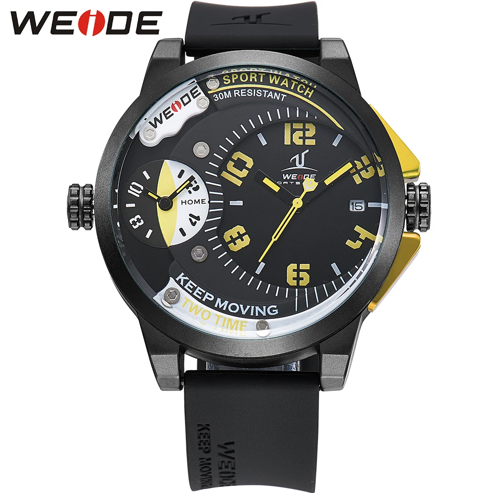 WEIDE Brand Black Yellow Big Dial Watch Men Dual Time Zone Waterproof Unique Fashion Casual Quartz Wristwatches Male Clock Gift
WEIDE Brand Black Yellow Big Dial Watch Men Dual Time Zone Waterproof Unique Fashion Casual Quartz Wristwatches Male Clock Gift
