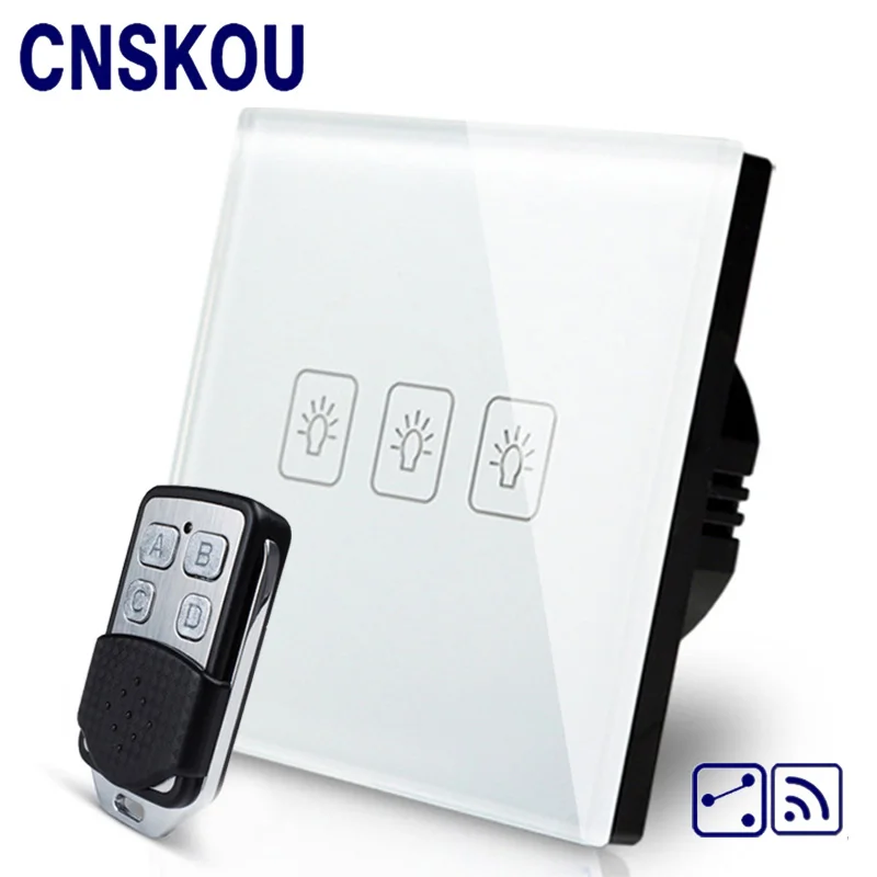 

CNSKOU EU Standard 3 Gang 2 Way AC220~250V Home Electric Glass Panel RF 433MHZ Remote Control Touch Screen Wall Light Switches