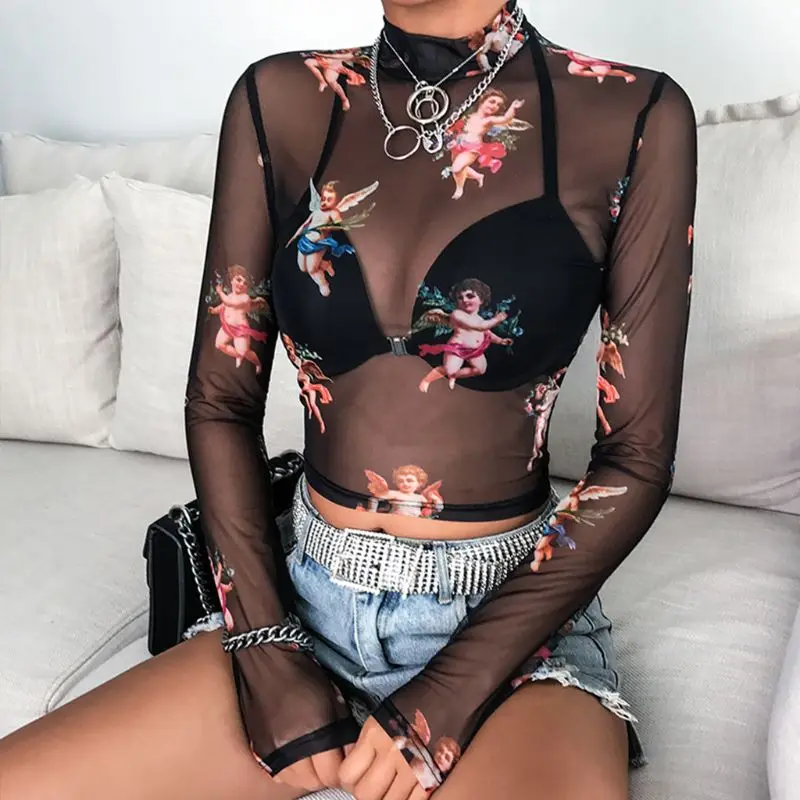 Angel Printed Transparent Mesh T-Shirt Women High Neck Long Sleeve Slim Basic Autumn Tops Pretty Girls Casual Shirts fashion
Angel Printed Transparent Mesh T-Shirt Women High Neck Long Sleeve Slim Basic Autumn Tops Pretty Girls Casual Shirts fashion