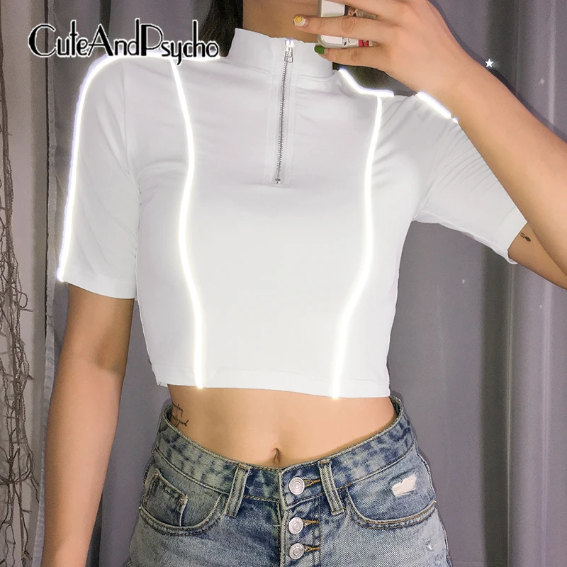 2019 Reflective Stripes Woman T Shirt Zipper Casual White T-Shirt Harajuku Short Sleeve Ladies Top Tees Summer Cuteandpsycho
2019 Reflective Stripes Woman T Shirt Zipper Casual White T-Shirt Harajuku Short Sleeve Ladies Top Tees Summer Cuteandpsycho